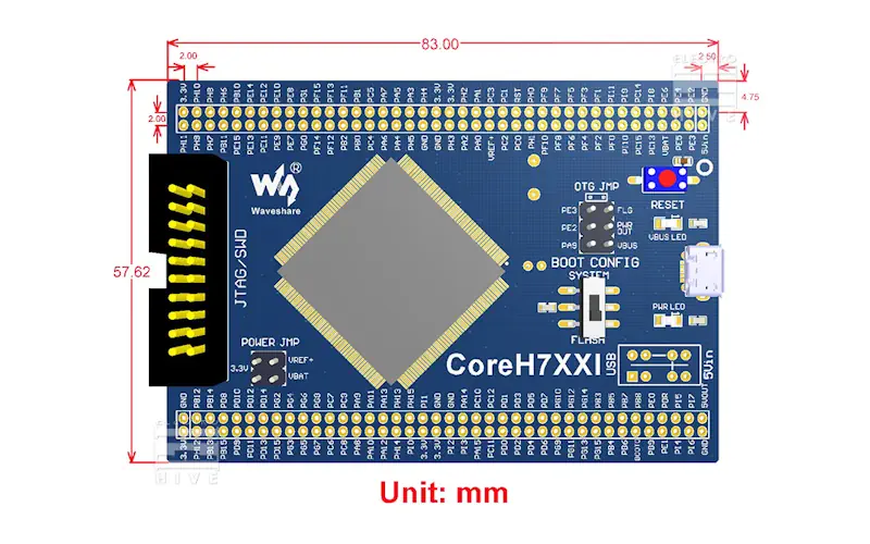 ابعاد برد توسعه CoreH743I با پردازنده Cortex-M7