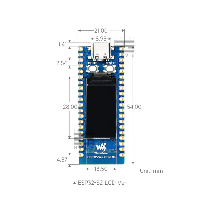 ابعاد برد توسعه ESP32-S2 با LCD مناسب برای اکوسیستم رزبری پای پیکو