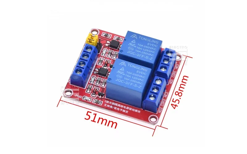 ابعاد دقیق ماژول رله 24 ولت دو کانال