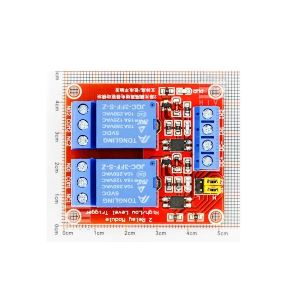 نمایش ابعاد ماژول رله 24 ولت 2 کانال