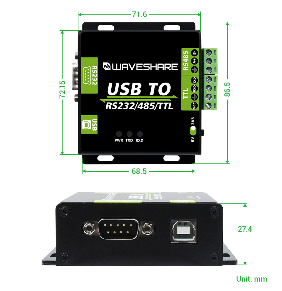 نمایش ابعاد مبدل USB به RS232/485/TTL ایزوله