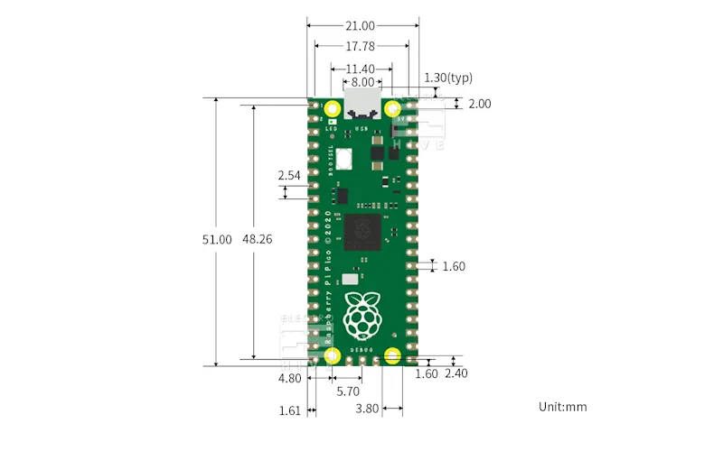 ابعاد برد رزبری پای پیکو Raspberry Pi Pico اورجینال با چیپ RP2040