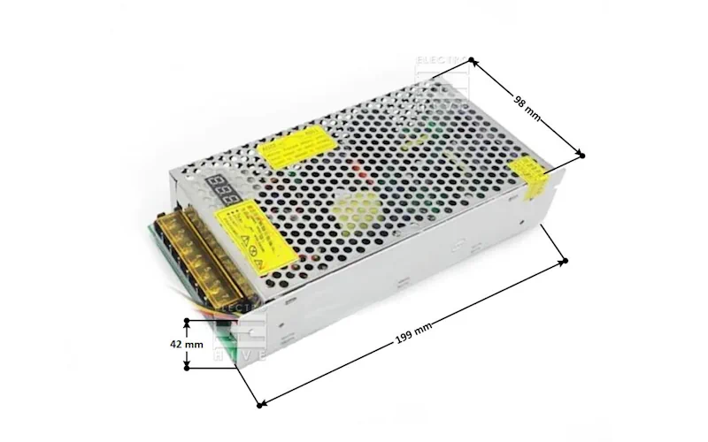 ابعاد پاور سوئیچینگ 48 ولت 5 آمپر 240 وات فلزی قابل تنظیم صنعتی