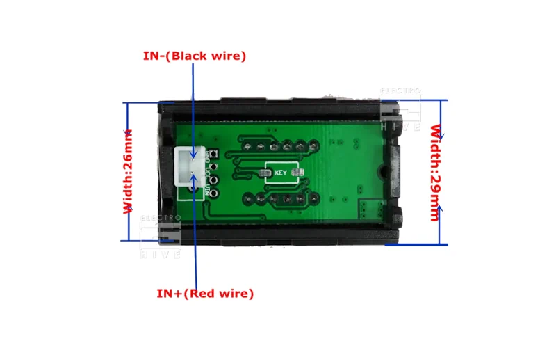 جزئیات ورودی سیم‌های ولت متر دیجیتال 3.5 تا 30 ولت 0.36 اینچ قابدار 2 سیم