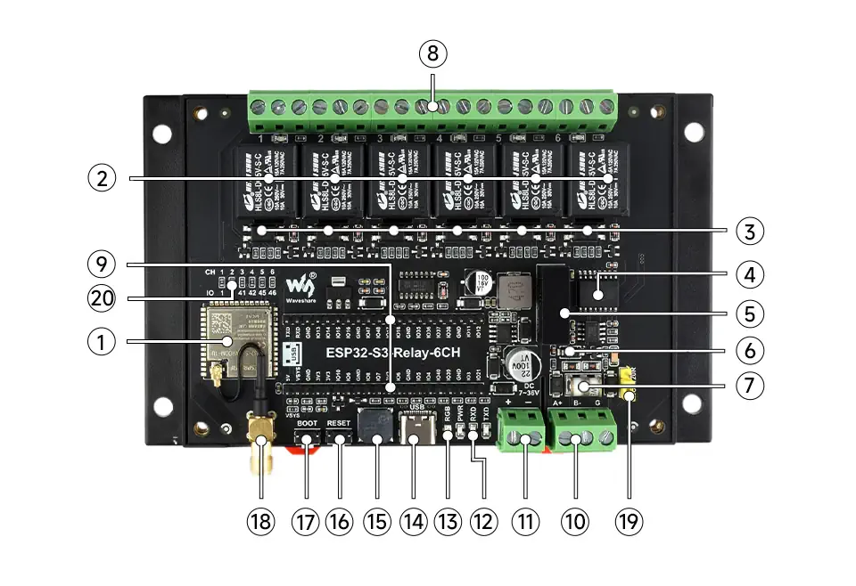 اجزاء داخلی ماژول رله 6 کاناله ESP32-S3 صنعتی با Wi-Fi