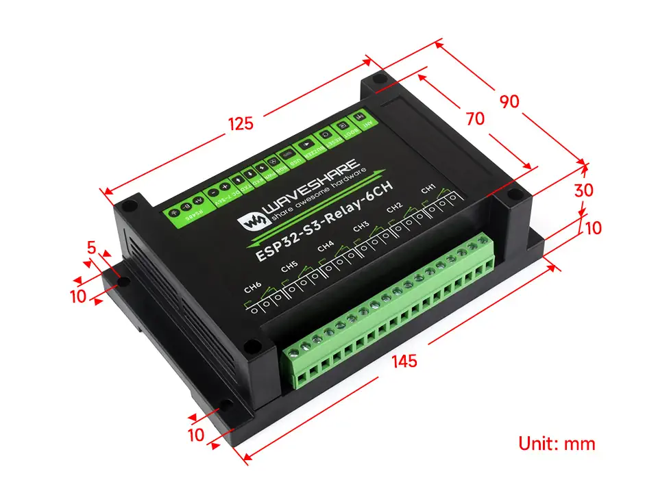 ابعاد ماژول رله 6 کاناله ESP32-S3 صنعتی با Wi-Fi