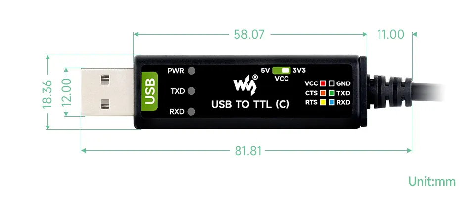 ابعاد مبدل USB به TTL صنعتی 6 پین مدل C