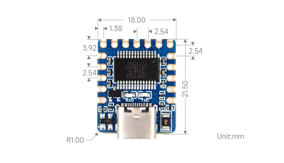 ابعاد ماژول مبدل USB به UART مینی با چیپ FT232