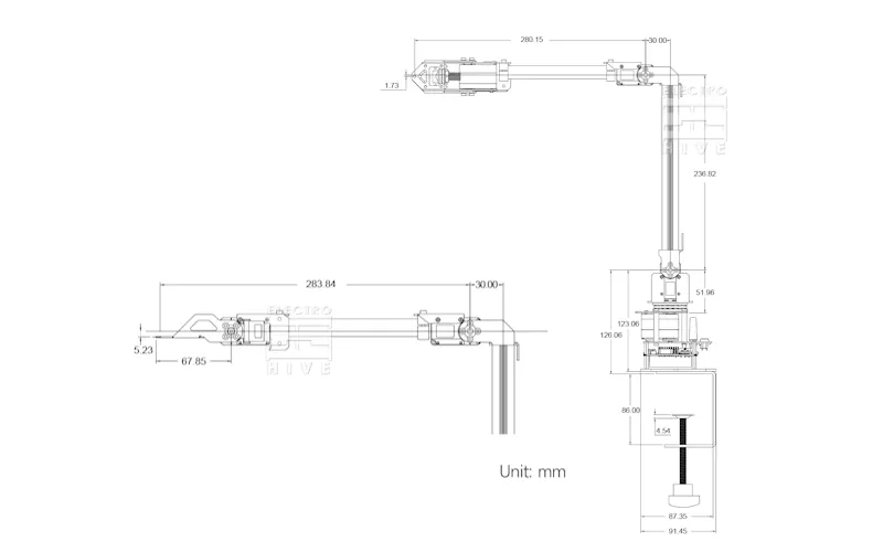 ابعاد بازوی رباتیک RoArm-M2-S با چهار درجه آزادی