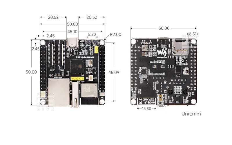 ابعاد برد توسعه ESP32-P4-NANO مجهز به Wi-Fi ورژن 6