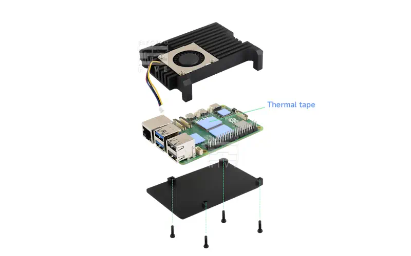نمایش شکل انفجاری کیس فلزی رزبری پای 5 با فن خنک کننده مدل H